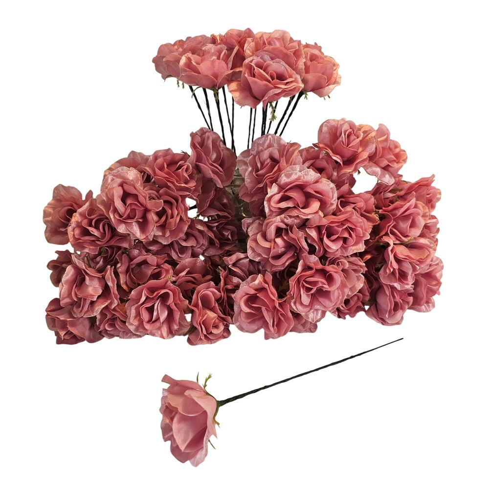 Pink Satin Open Rose Stems Artificial Flowers Wedding Craft 2.5" lot of 75